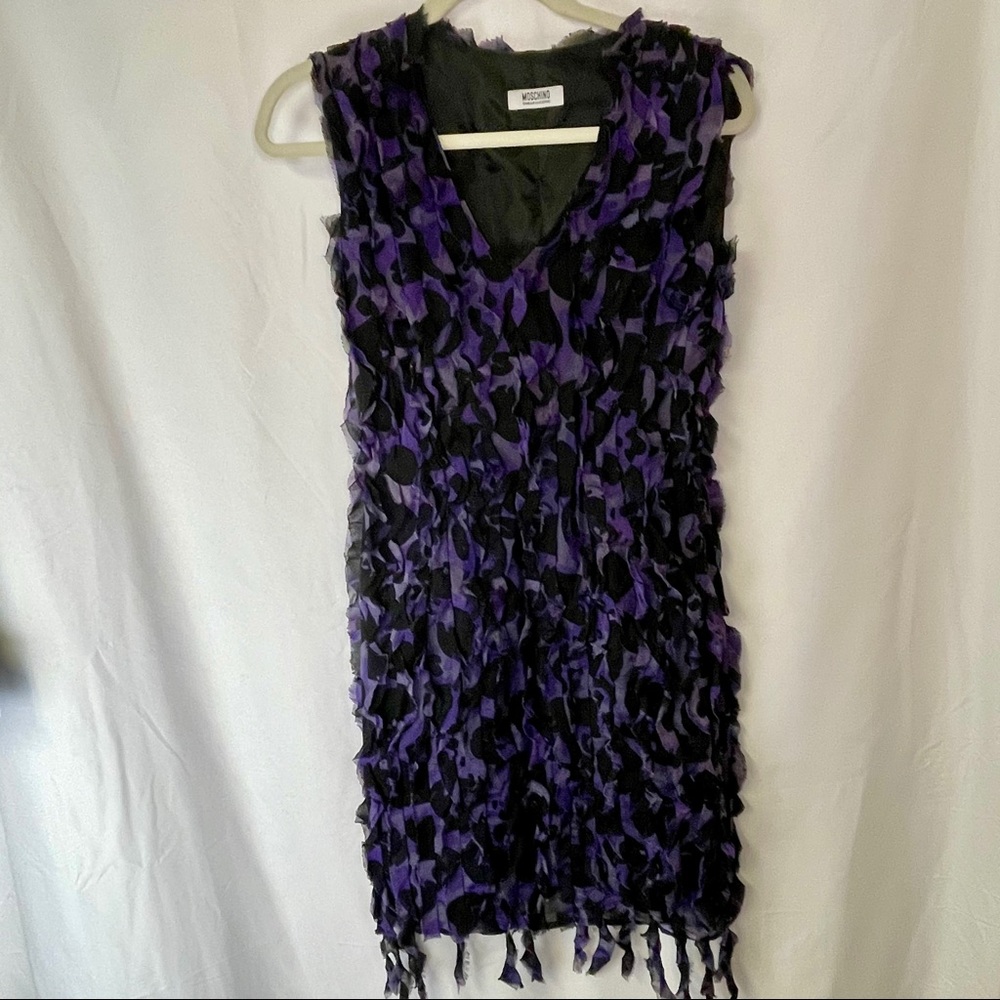 MOSCHINO Purple Black Raw Edge Silk Ruffle Dress